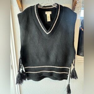 Free People Black White V-Neck All-star Poncho Iversized Vest with Tassels